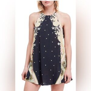 Free People Black Paisley and Lace Crochet Sleeveless High neck Mini Dress Med